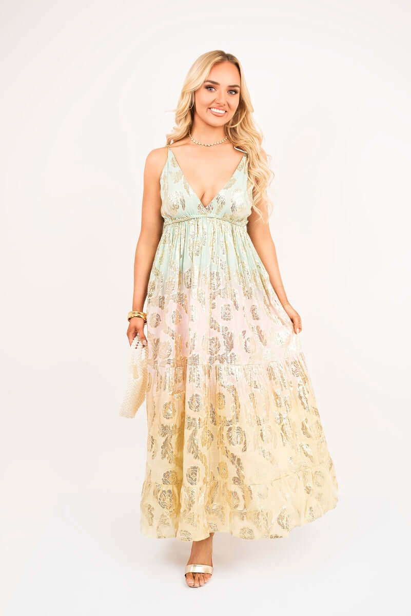 Sleeveless V Neck Maxi Dress with Metallic Print Detail by Moda