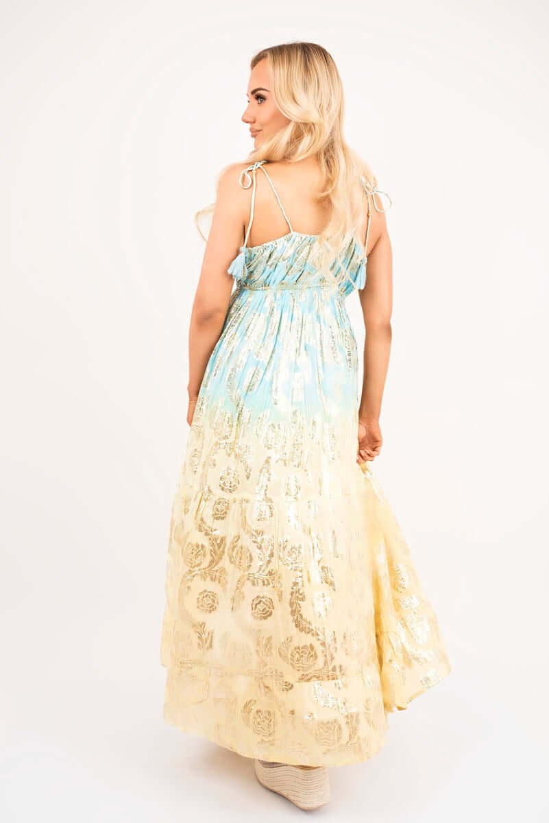 Sleeveless V Neck Maxi Dress with Metallic Print Detail by Moda