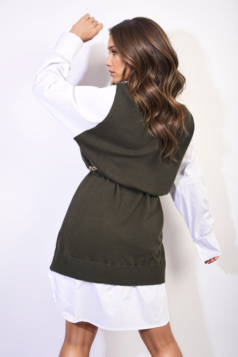 Knitted Vest & Collared Shirt Dress