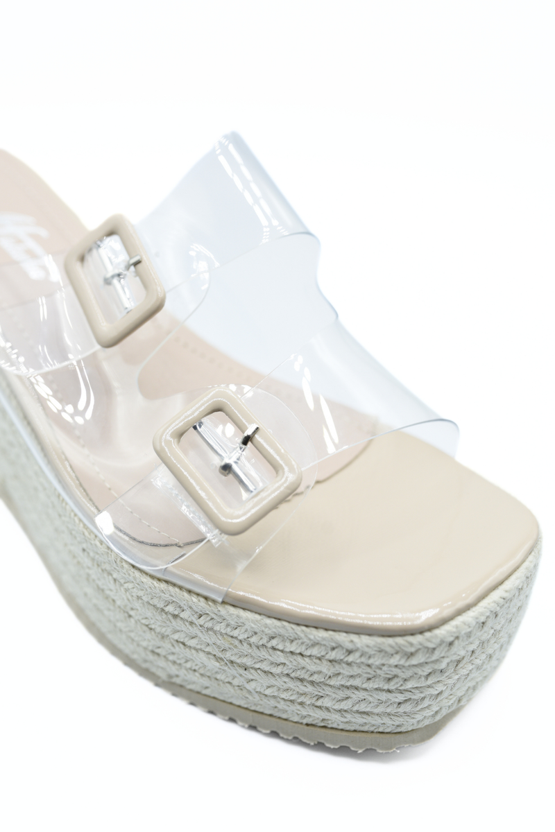 Double Buckle Transparent Straps Slip On Wedge Heels
