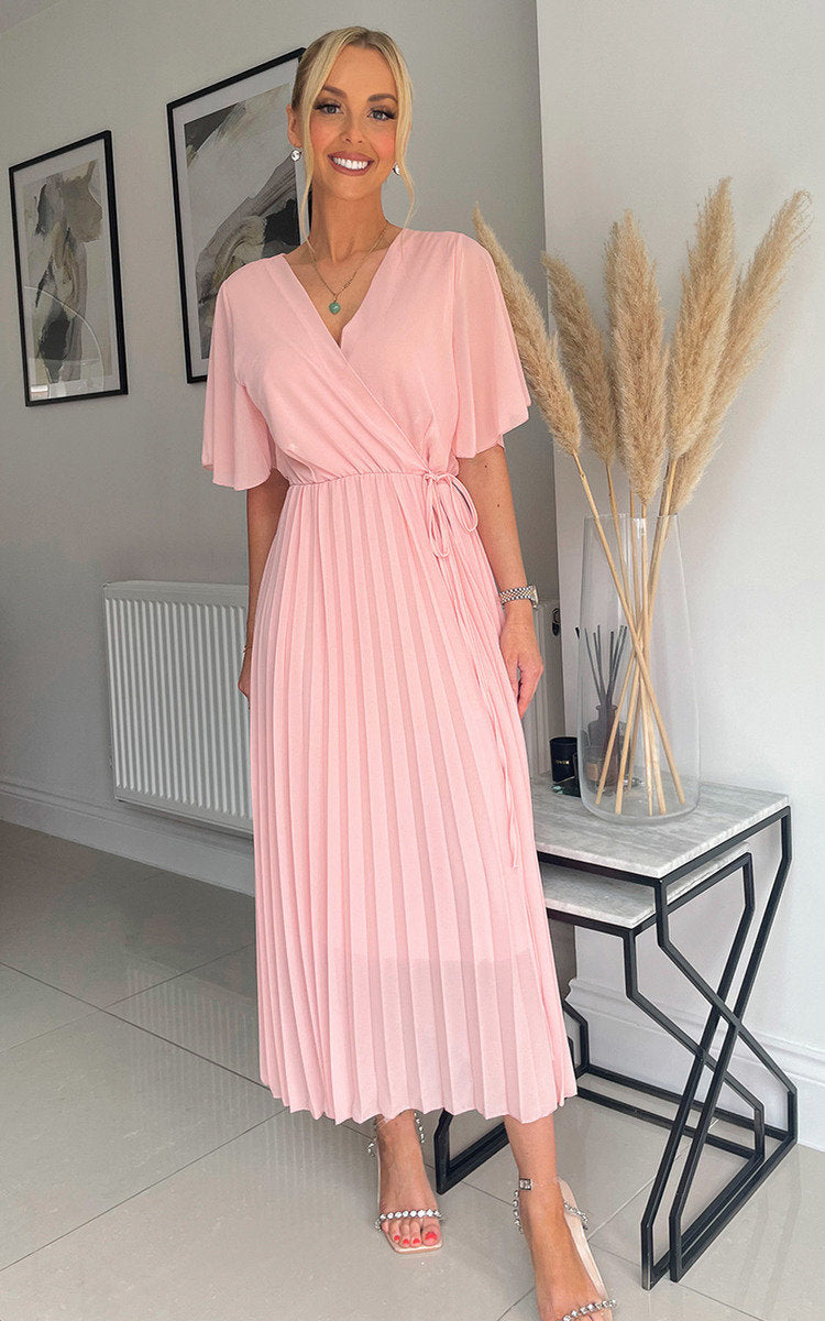 Pleated Wrap Front Maxi Dress by Moda