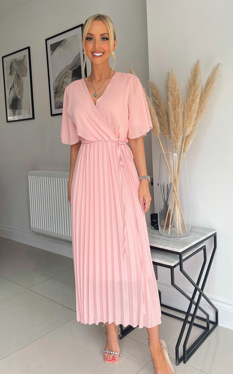 Pleated Wrap Front Maxi Dress by Moda