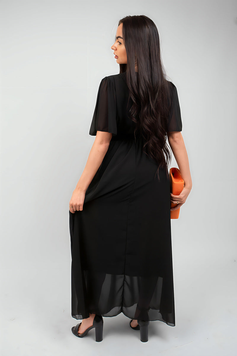Smocked Waist V Neck Short Sleeve Flowy Maxi Dress