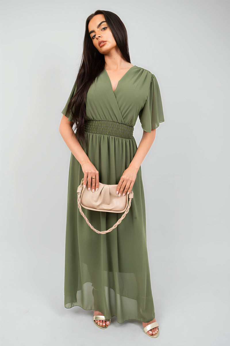 Smocked Waist V Neck Short Sleeve Flowy Maxi Dress