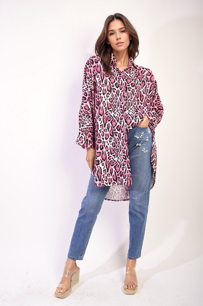 Oversized Long Sleeve Leopard Print Shirt Dress by Moda