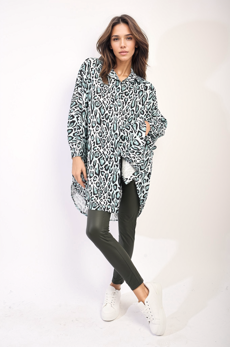Oversized Long Sleeve Leopard Print Shirt Dress by Moda