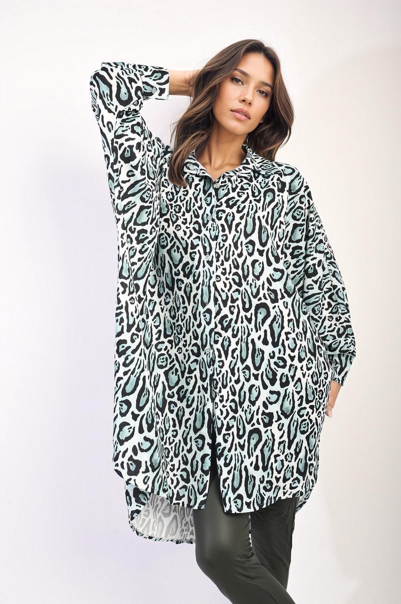 Oversized Long Sleeve Leopard Print Shirt Dress by Moda