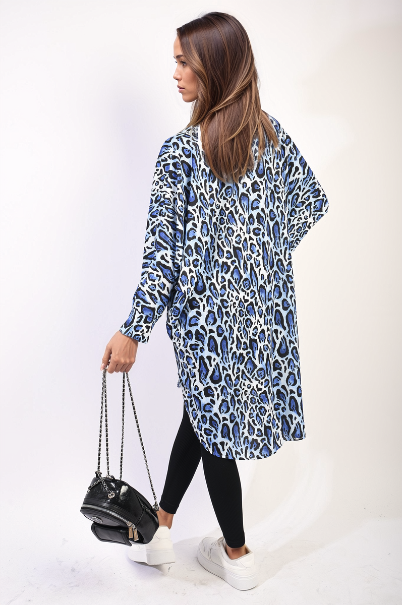 Oversized Long Sleeve Leopard Print Shirt Dress by Moda