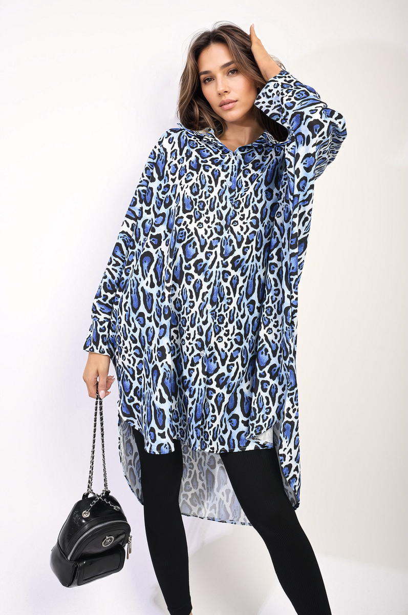 Oversized Long Sleeve Leopard Print Shirt Dress by Moda