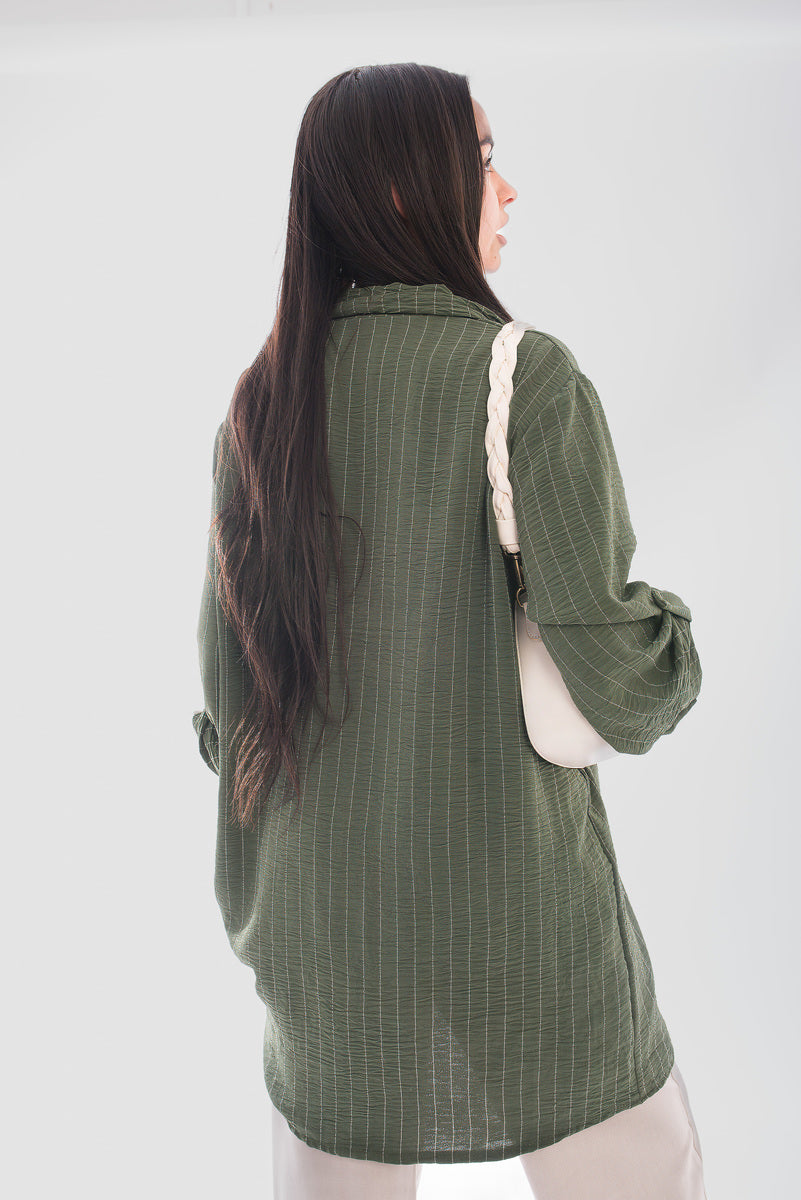 Oversized Long Sleeve Glitter Striped Button Down Shirt