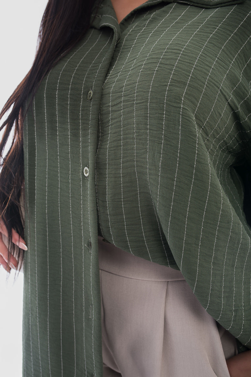 Oversized Long Sleeve Glitter Striped Button Down Shirt