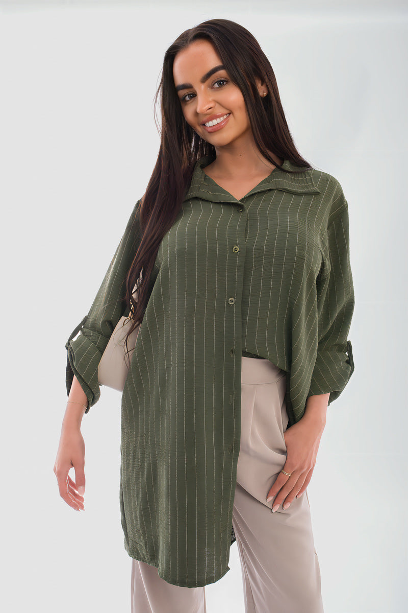 Oversized Long Sleeve Glitter Striped Button Down Shirt