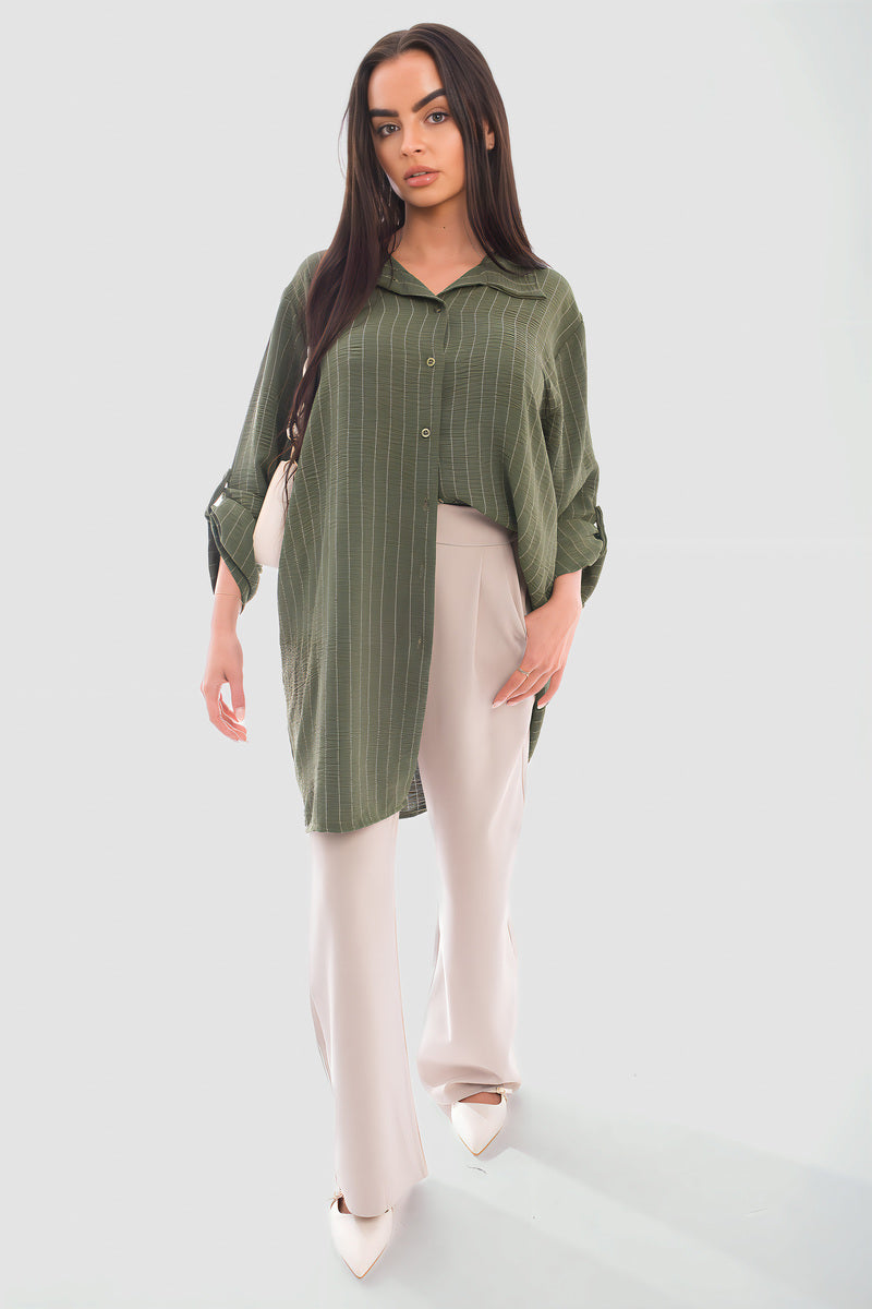 Oversized Long Sleeve Glitter Striped Button Down Shirt