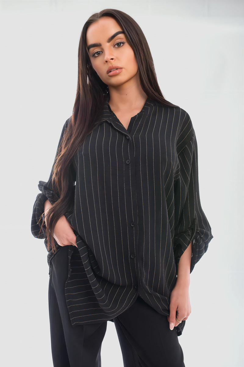 Oversized Long Sleeve Glitter Striped Button Down Shirt