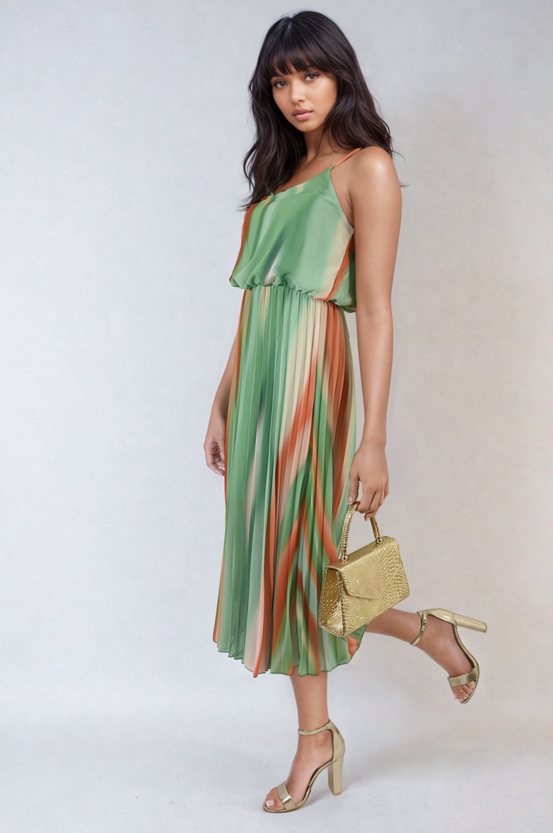 Multi Colored Print Pleated Strappy Midi Dress by Moda
