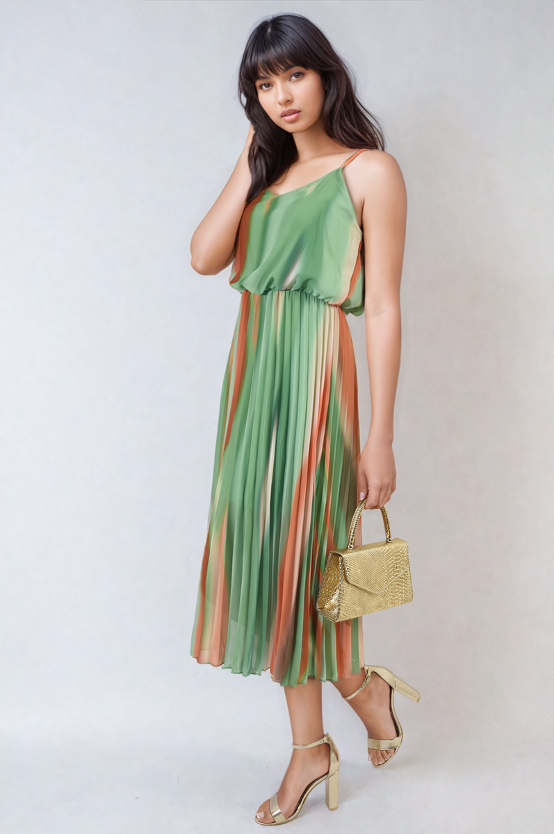 Multi Colored Print Pleated Strappy Midi Dress by Moda
