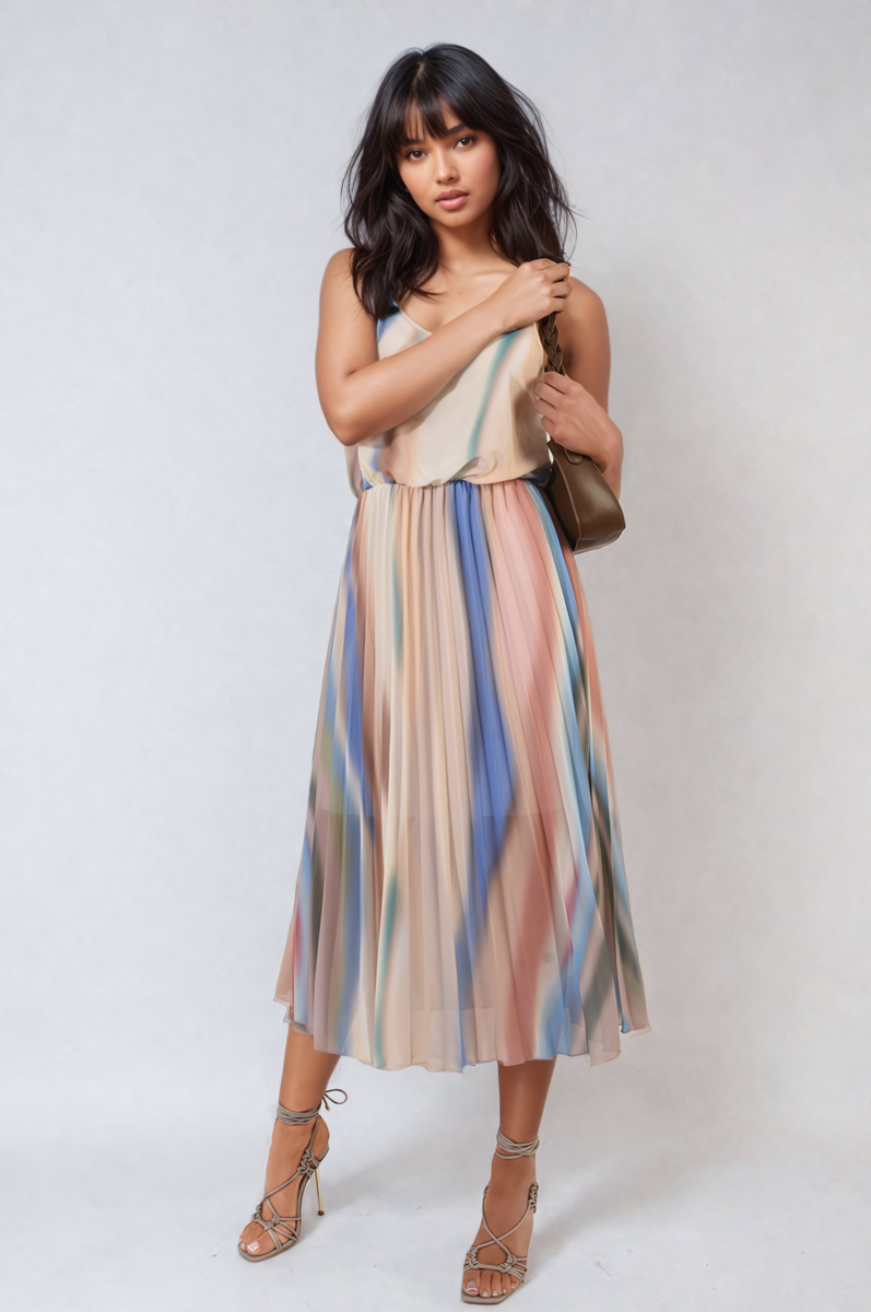 Multi Colored Print Pleated Strappy Midi Dress by Moda