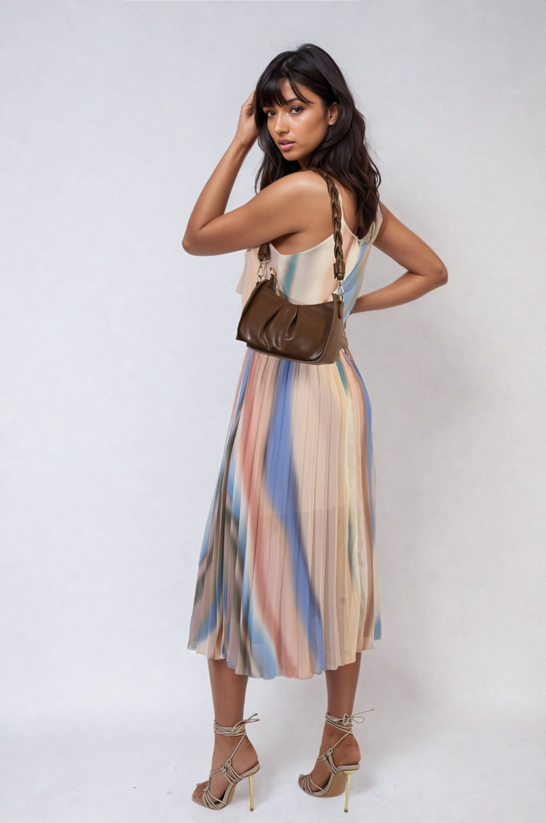 Multi Colored Print Pleated Strappy Midi Dress by Moda