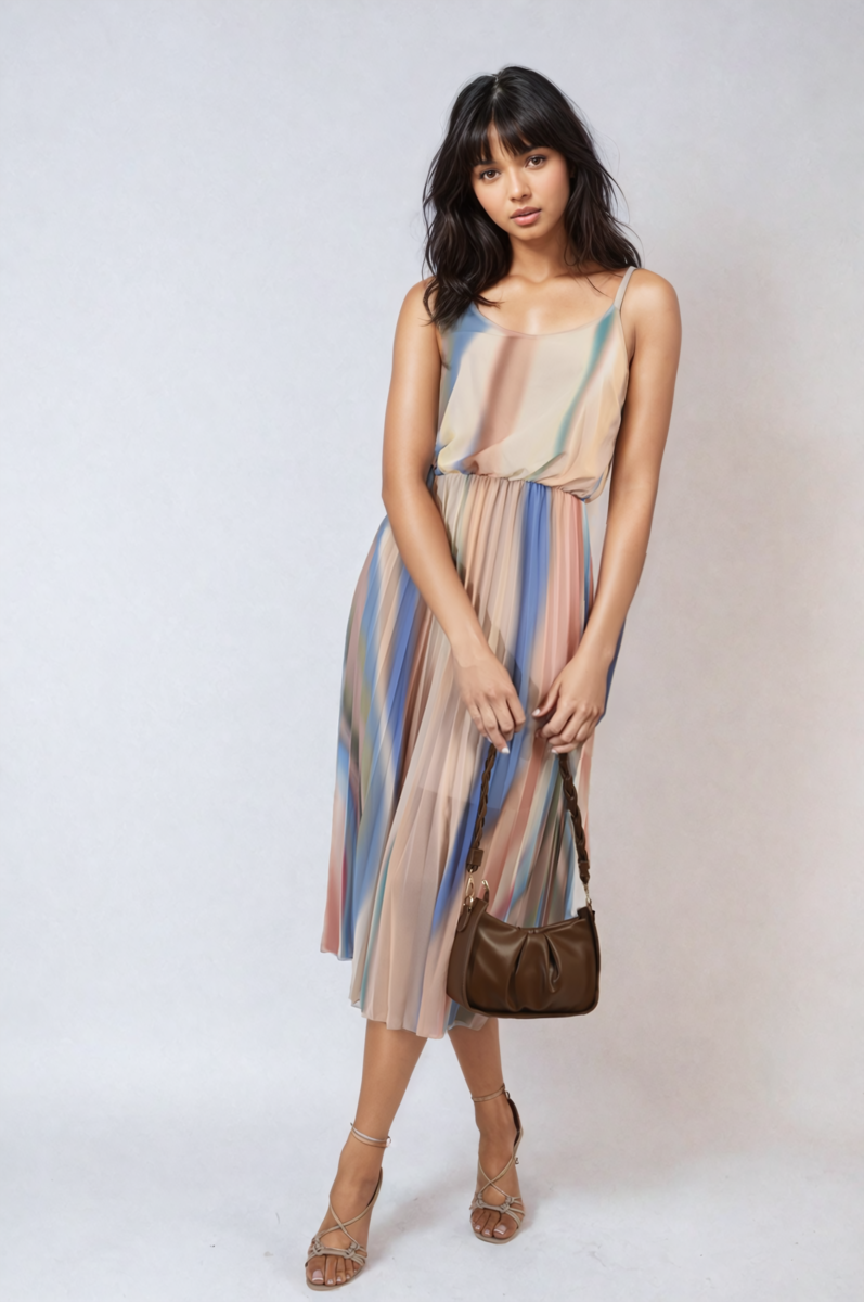 Multi Colored Print Pleated Strappy Midi Dress by Moda