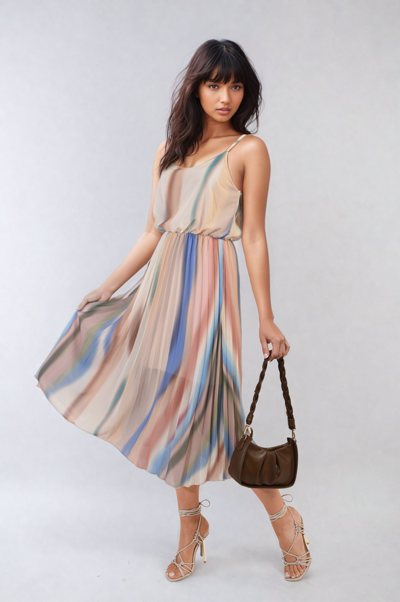 Multi Colored Print Pleated Strappy Midi Dress by Moda