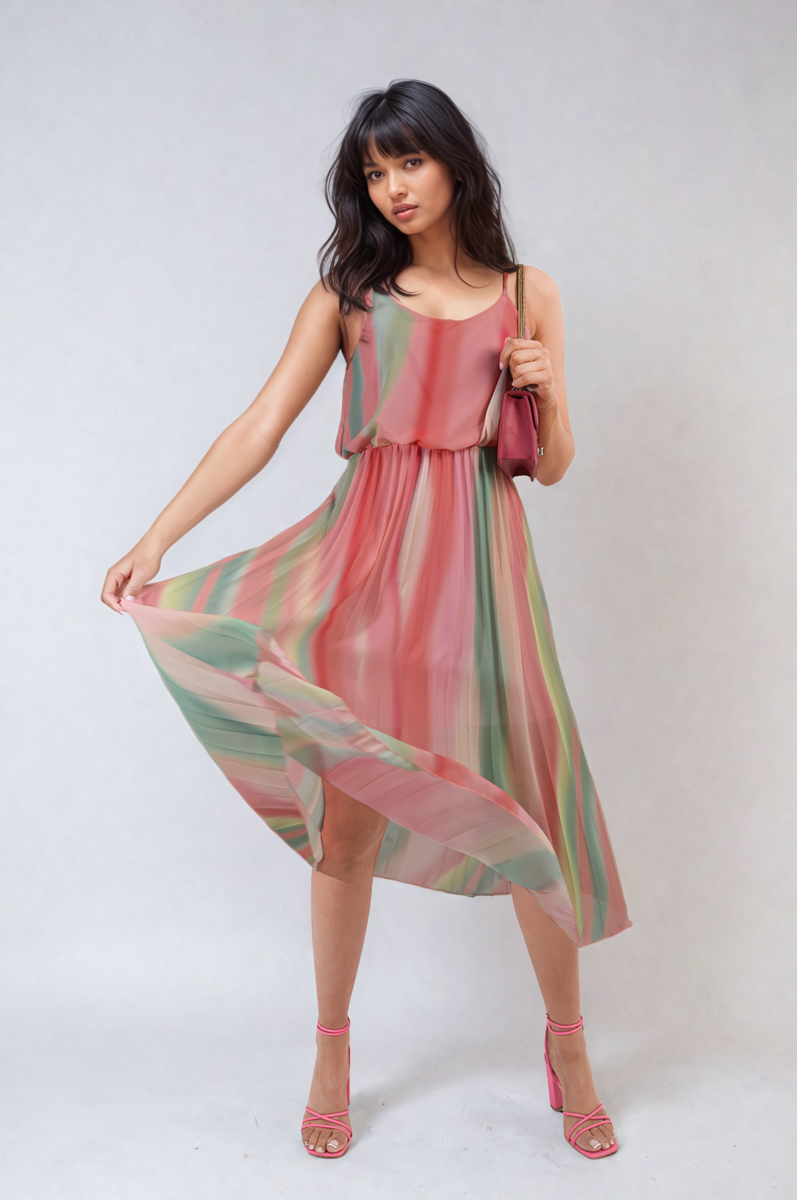 Multi Colored Print Pleated Strappy Midi Dress by Moda