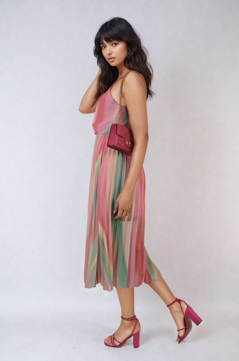 Multi Colored Print Pleated Strappy Midi Dress by Moda