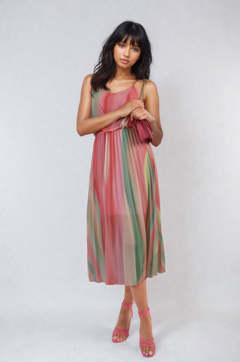 Multi Colored Print Pleated Strappy Midi Dress by Moda
