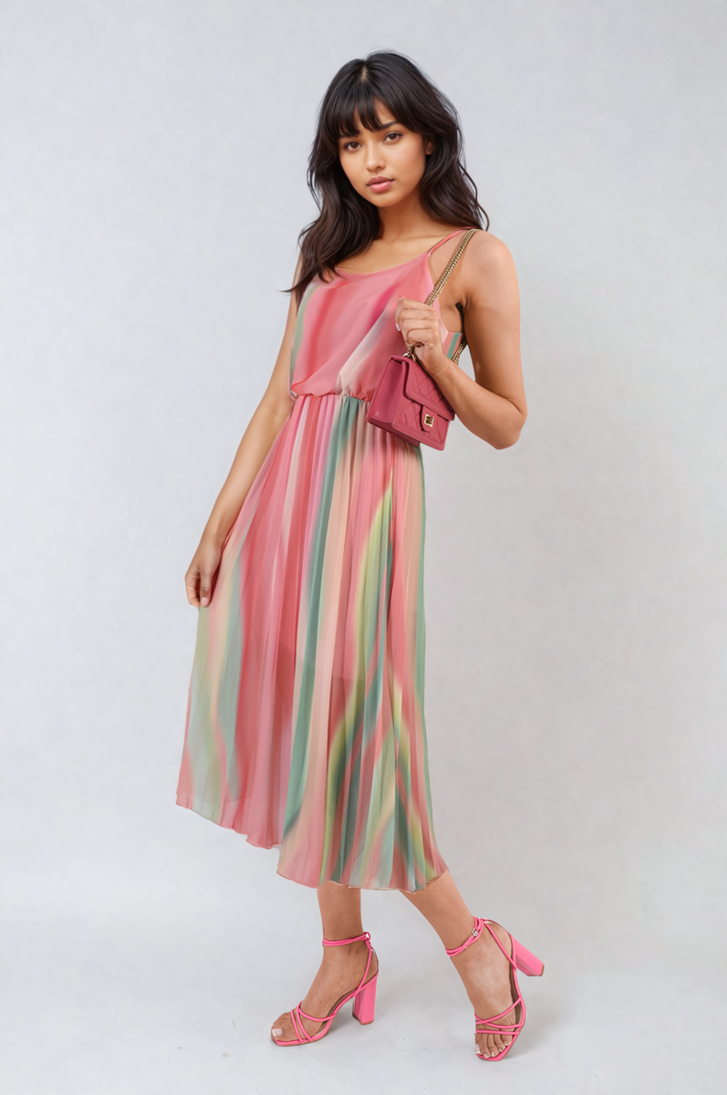 Multi Colored Print Pleated Strappy Midi Dress by Moda