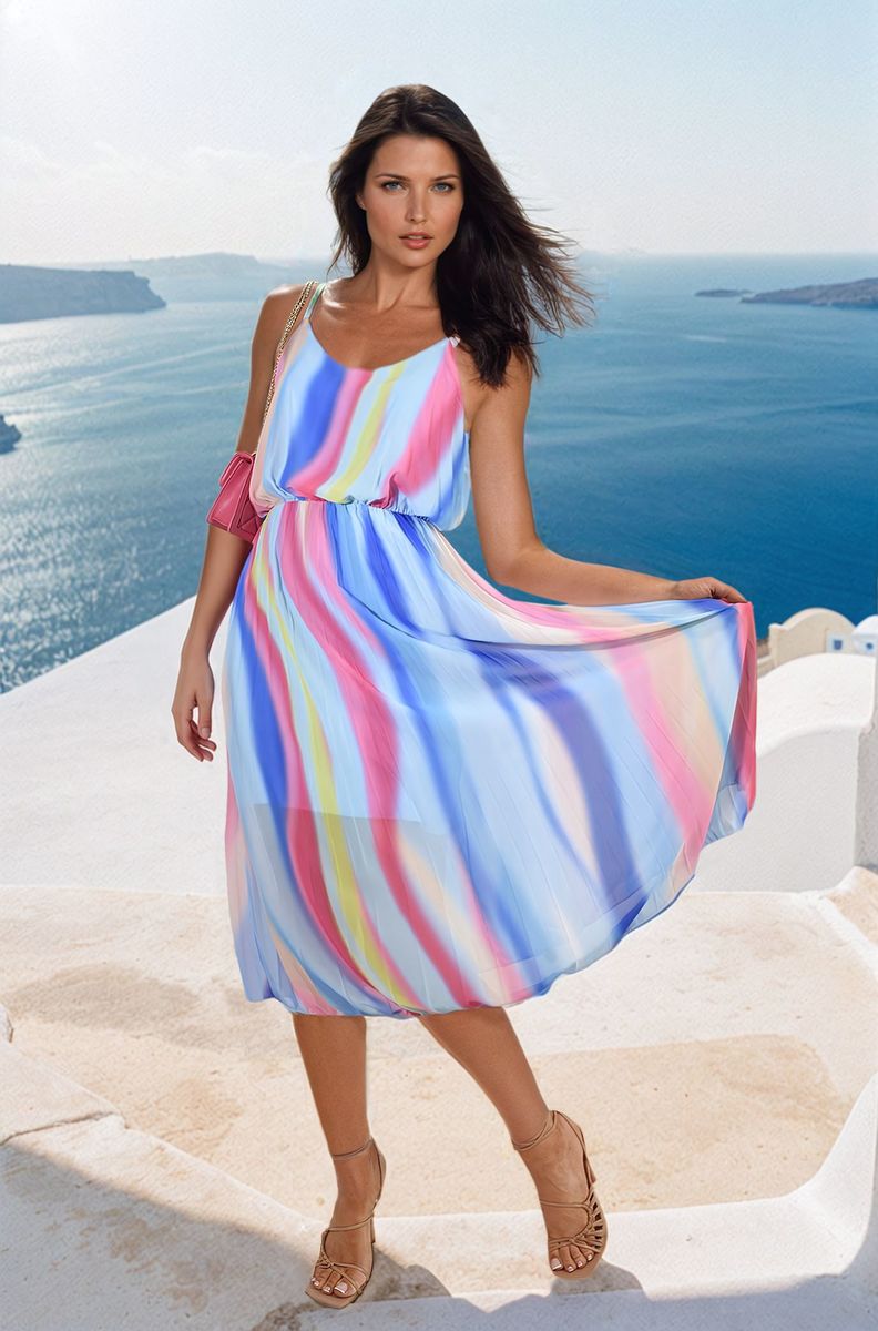 Multi Colored Print Pleated Strappy Midi Dress