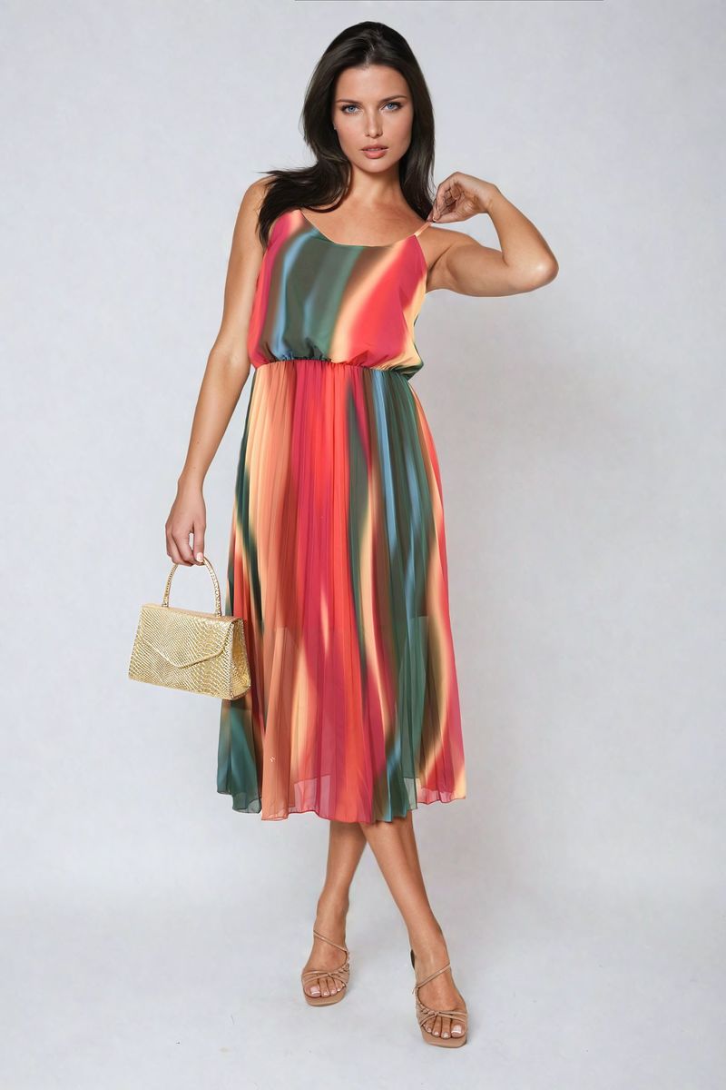 Multi Colored Print Pleated Strappy Midi Dress