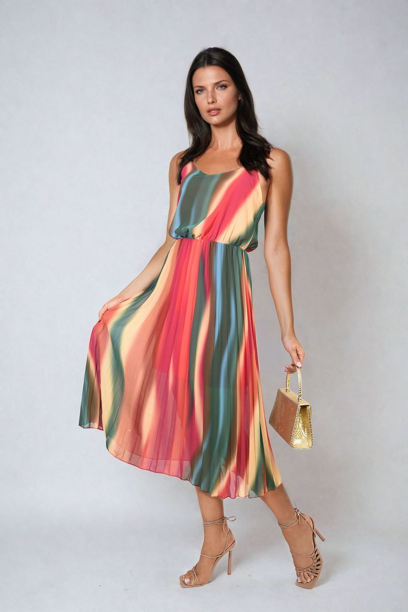 Multi Colored Print Pleated Strappy Midi Dress