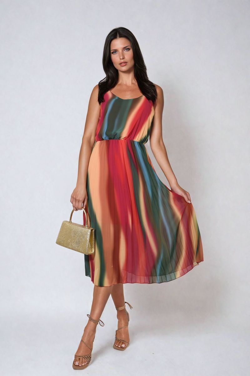 Multi Colored Print Pleated Strappy Midi Dress