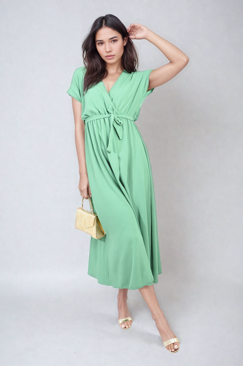Wrap Tie Waist Short Sleeve Midi Dress by Moda