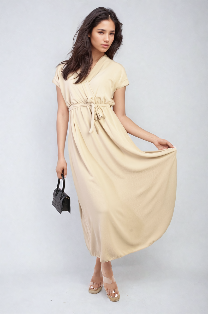 Wrap Tie Waist Short Sleeve Midi Dress by Moda