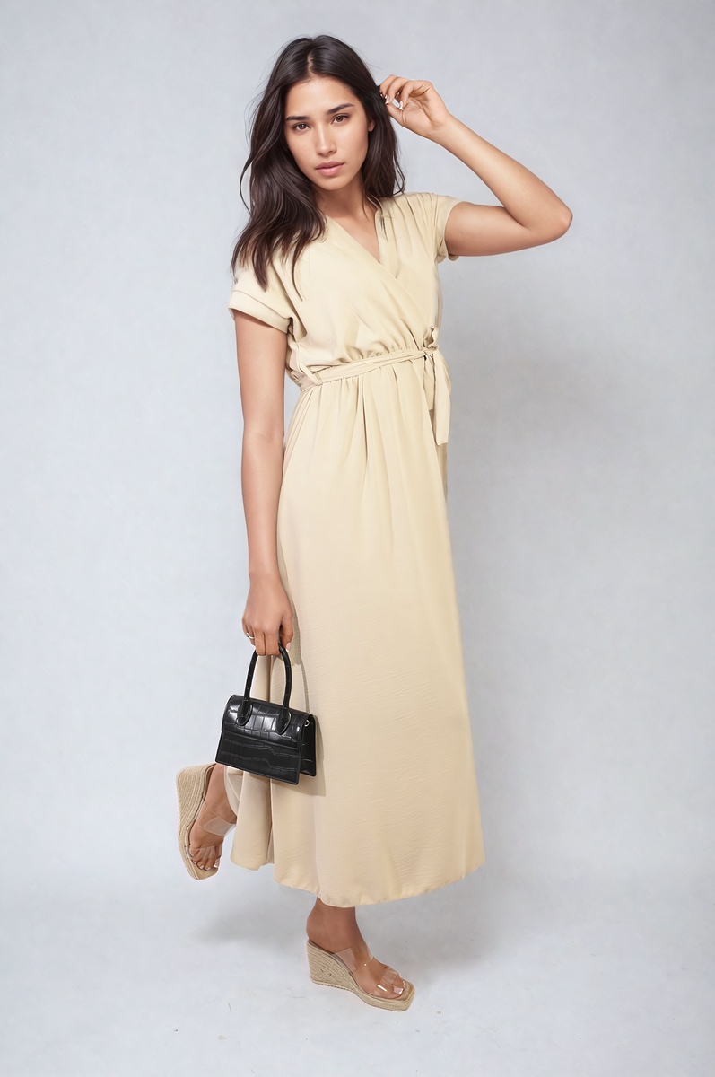 Wrap Tie Waist Short Sleeve Midi Dress by Moda