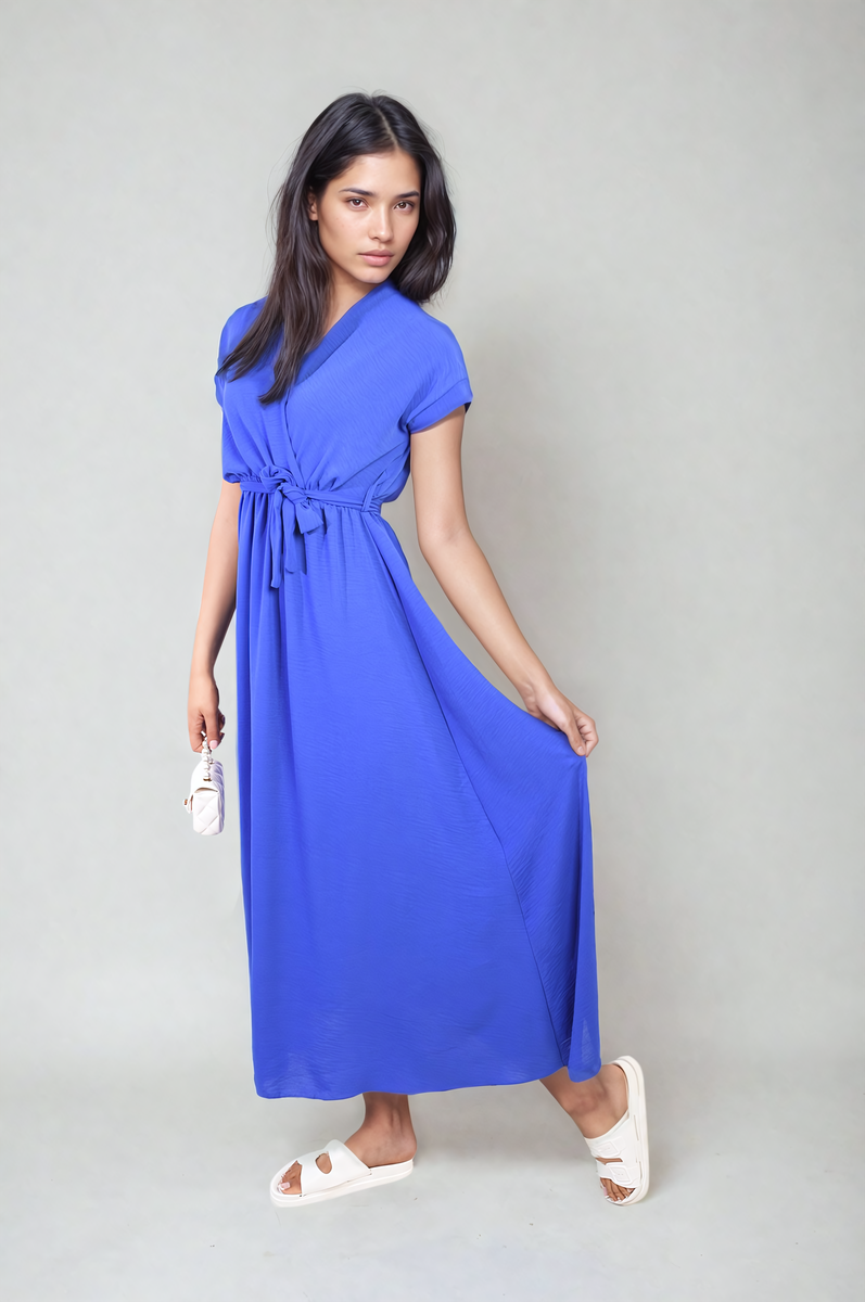 Wrap Tie Waist Short Sleeve Midi Dress by Moda