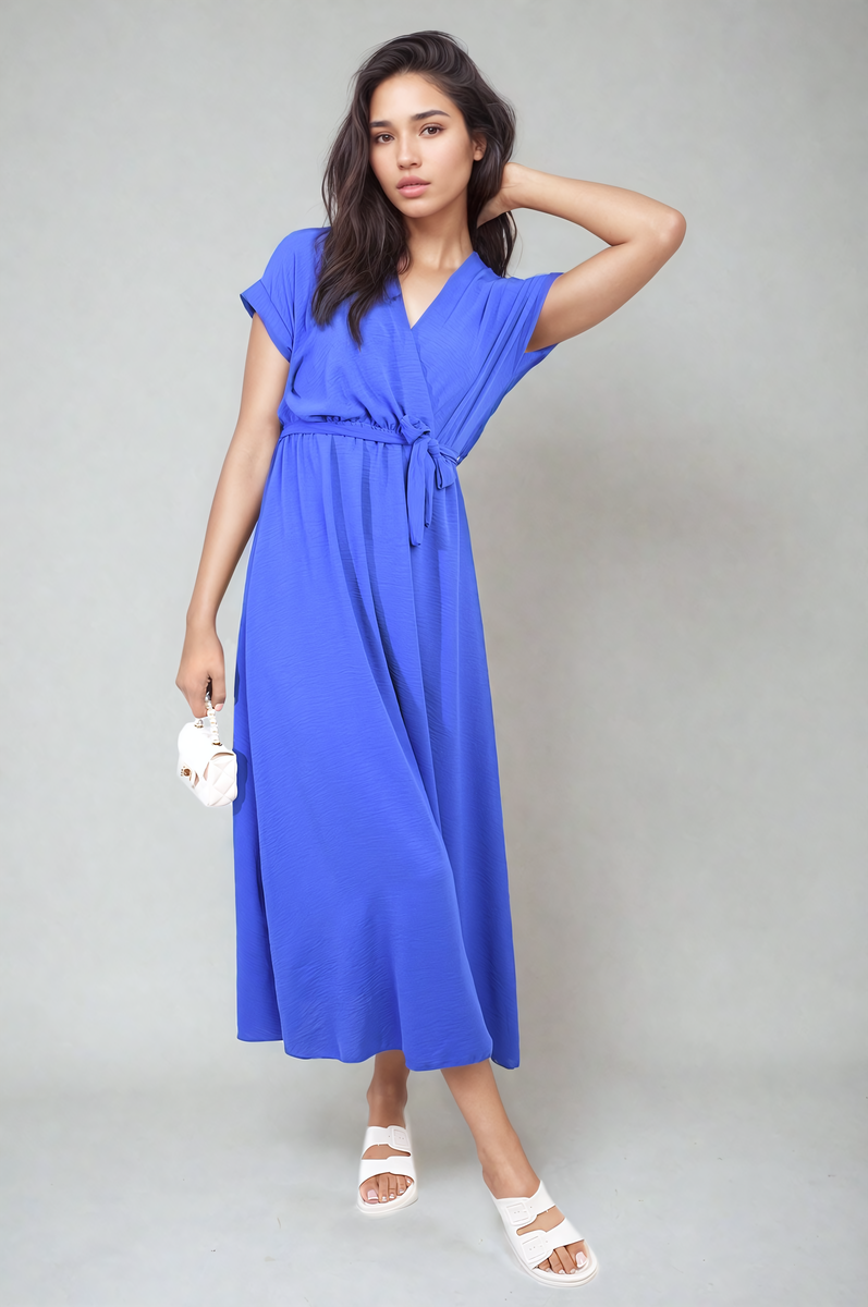 Wrap Tie Waist Short Sleeve Midi Dress by Moda