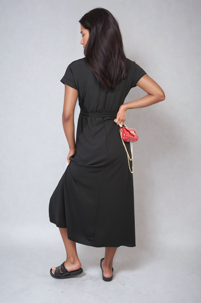 Wrap Tie Waist Short Sleeve Midi Dress by Moda