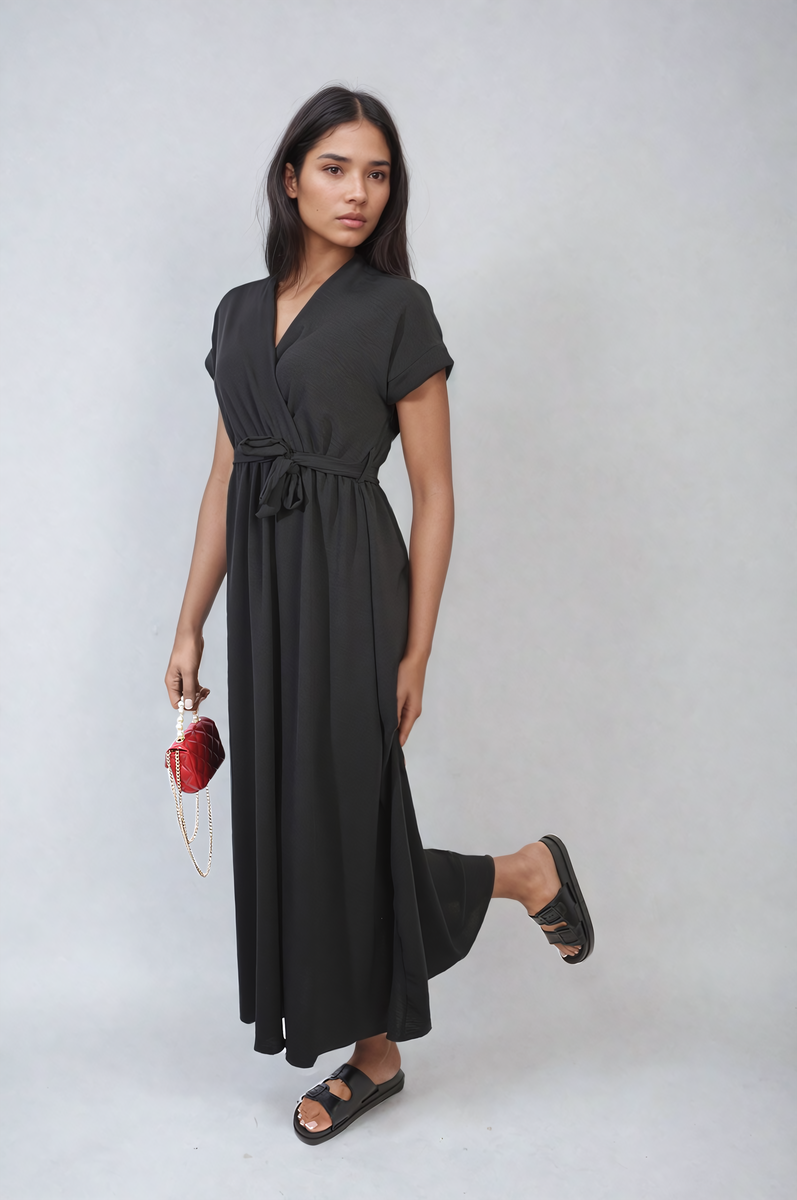 Wrap Tie Waist Short Sleeve Midi Dress by Moda