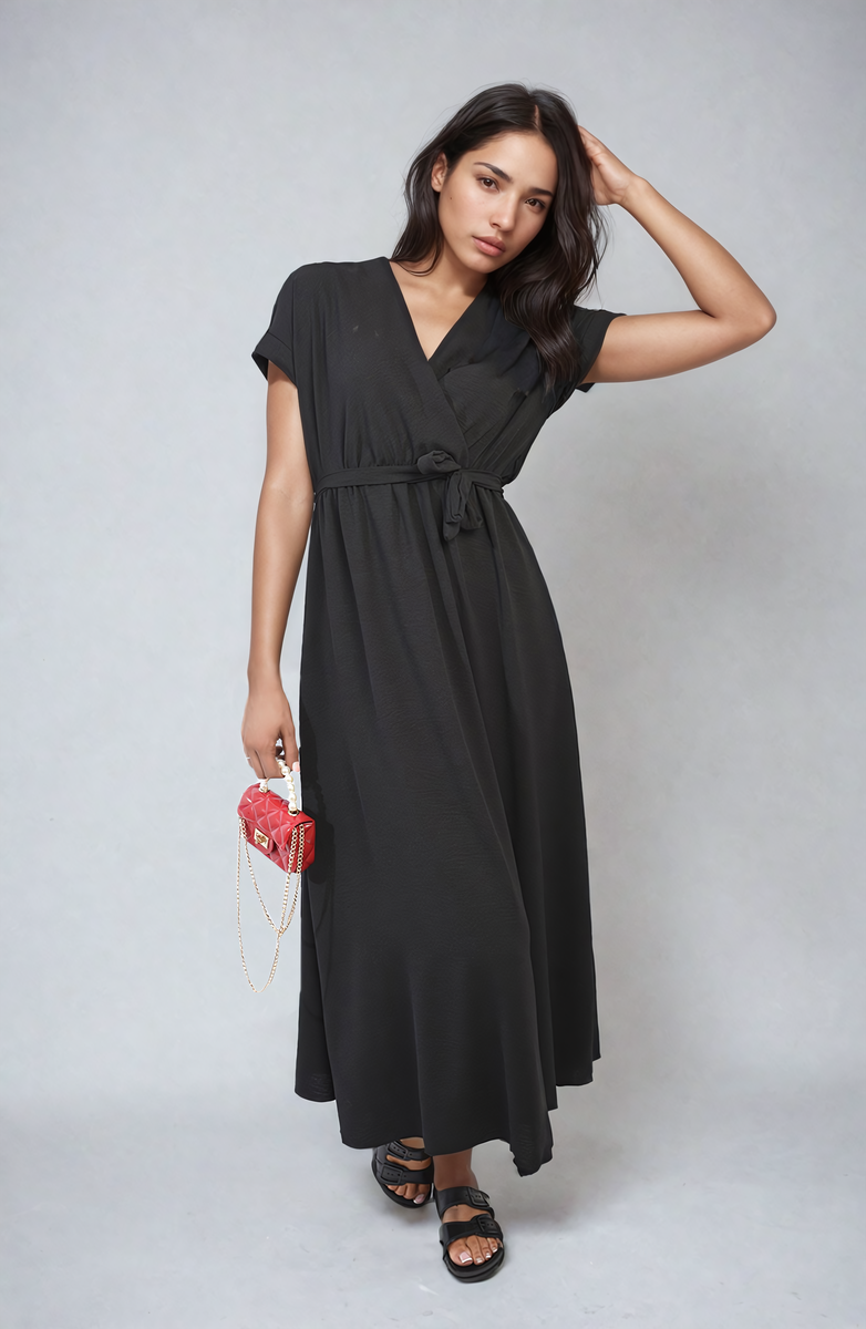 Wrap Tie Waist Short Sleeve Midi Dress by Moda