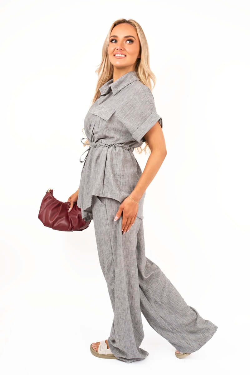 Collared Short Sleeve with Tie Waist and Wide Leg Trousers Co-ord Set by Moda