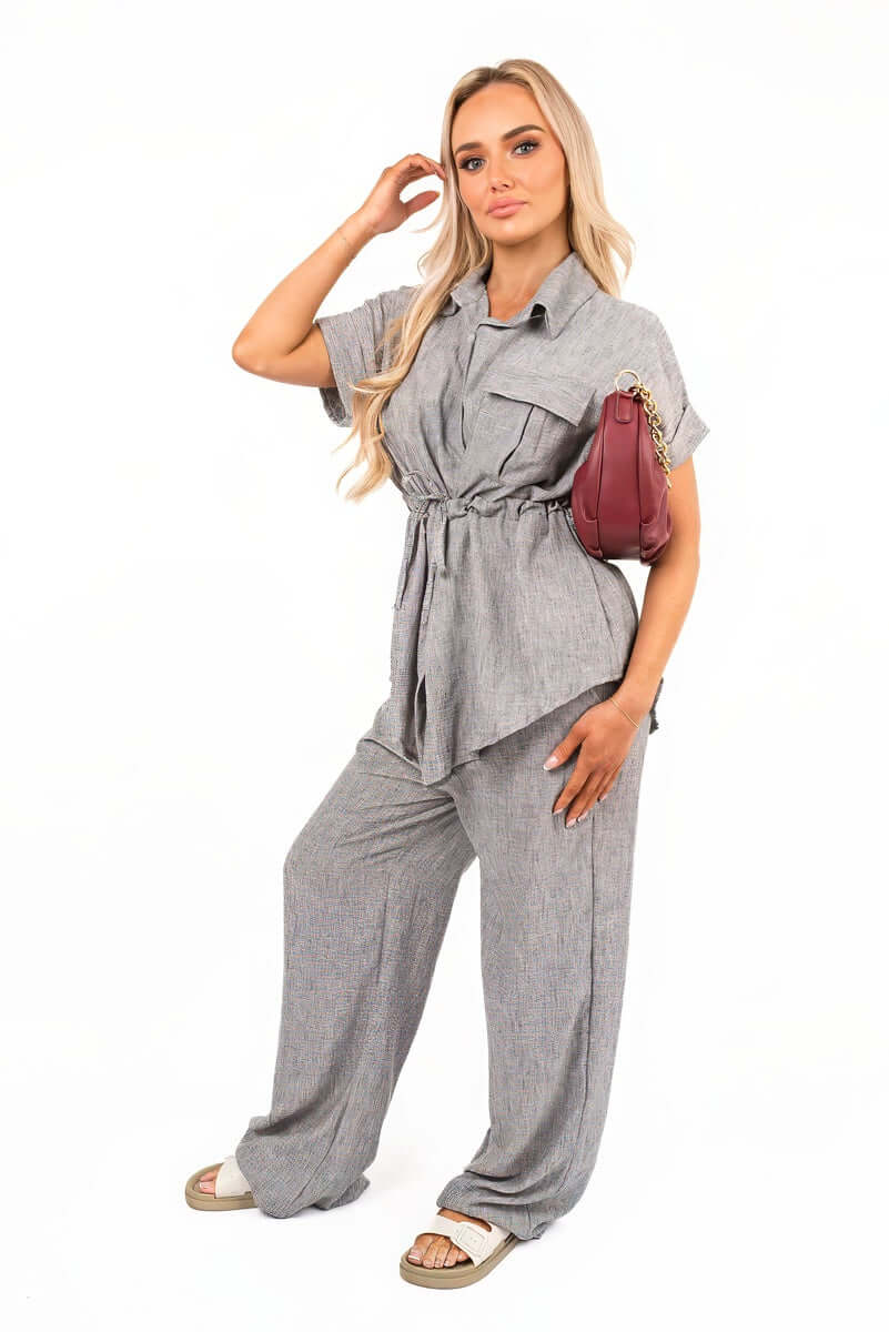 Collared Short Sleeve with Tie Waist and Wide Leg Trousers Co-ord Set by Moda