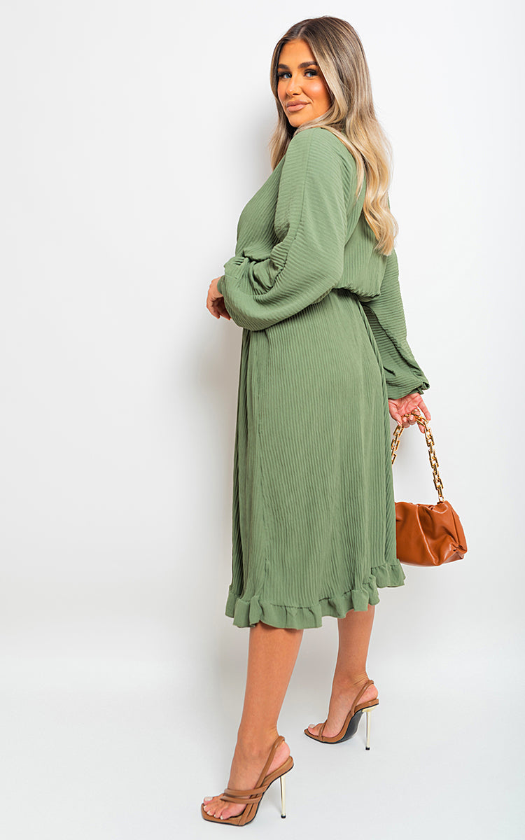 Pleated Frill Button Tie Waist Midi Dress by Moda