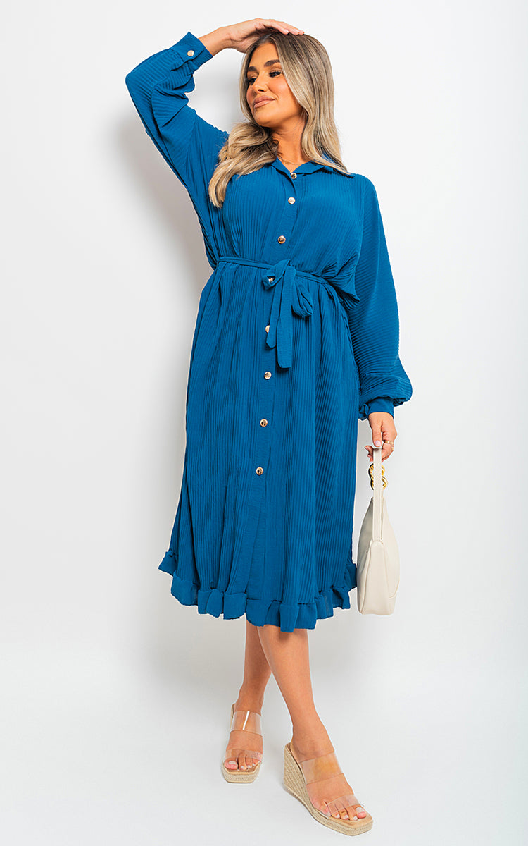 Pleated Frill Button Tie Waist Midi Dress by Moda