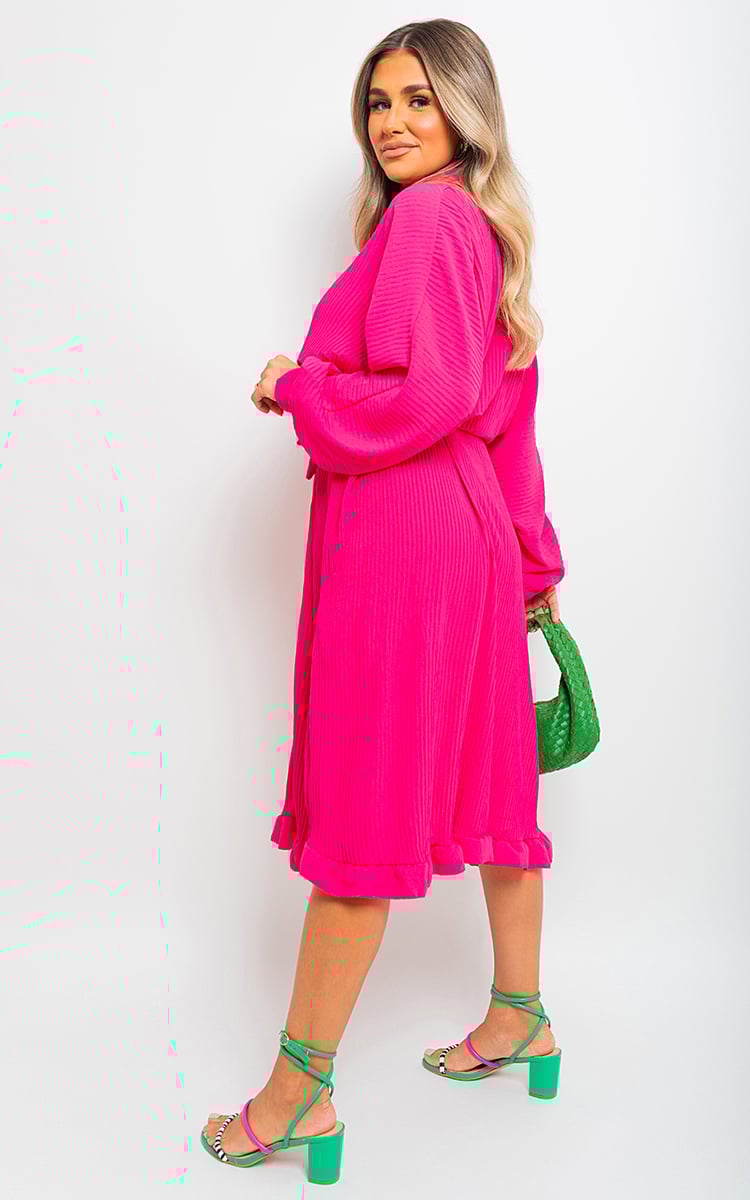 Pleated Frill Button Tie Waist Midi Dress by Moda