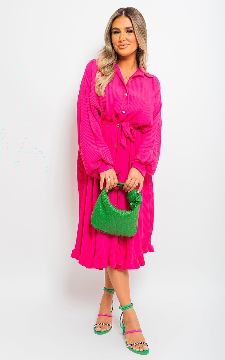 Pleated Frill Button Tie Waist Midi Dress by Moda