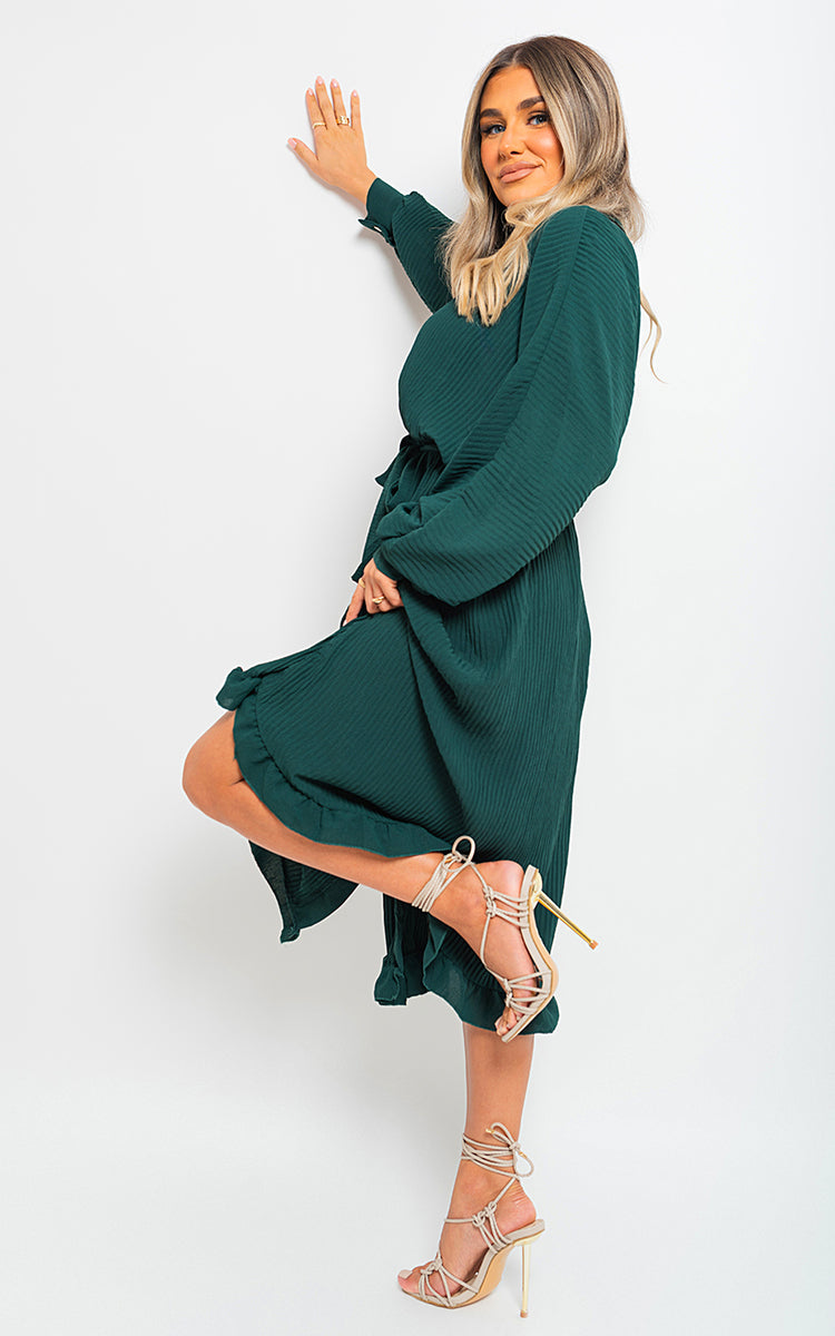 Pleated Frill Button Tie Waist Midi Dress by Moda