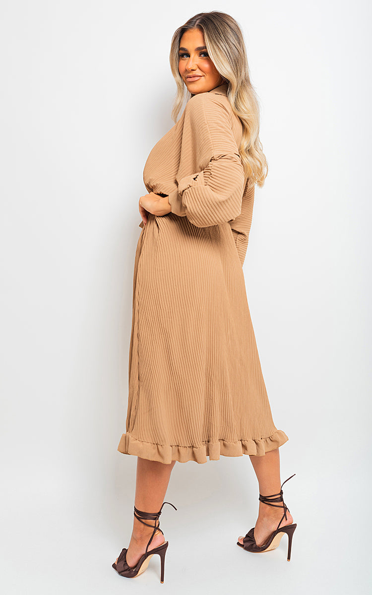 Pleated Frill Button Tie Waist Midi Dress by Moda