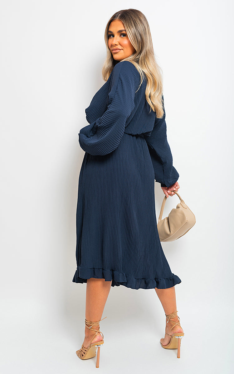 Pleated Frill Button Tie Waist Midi Dress by Moda