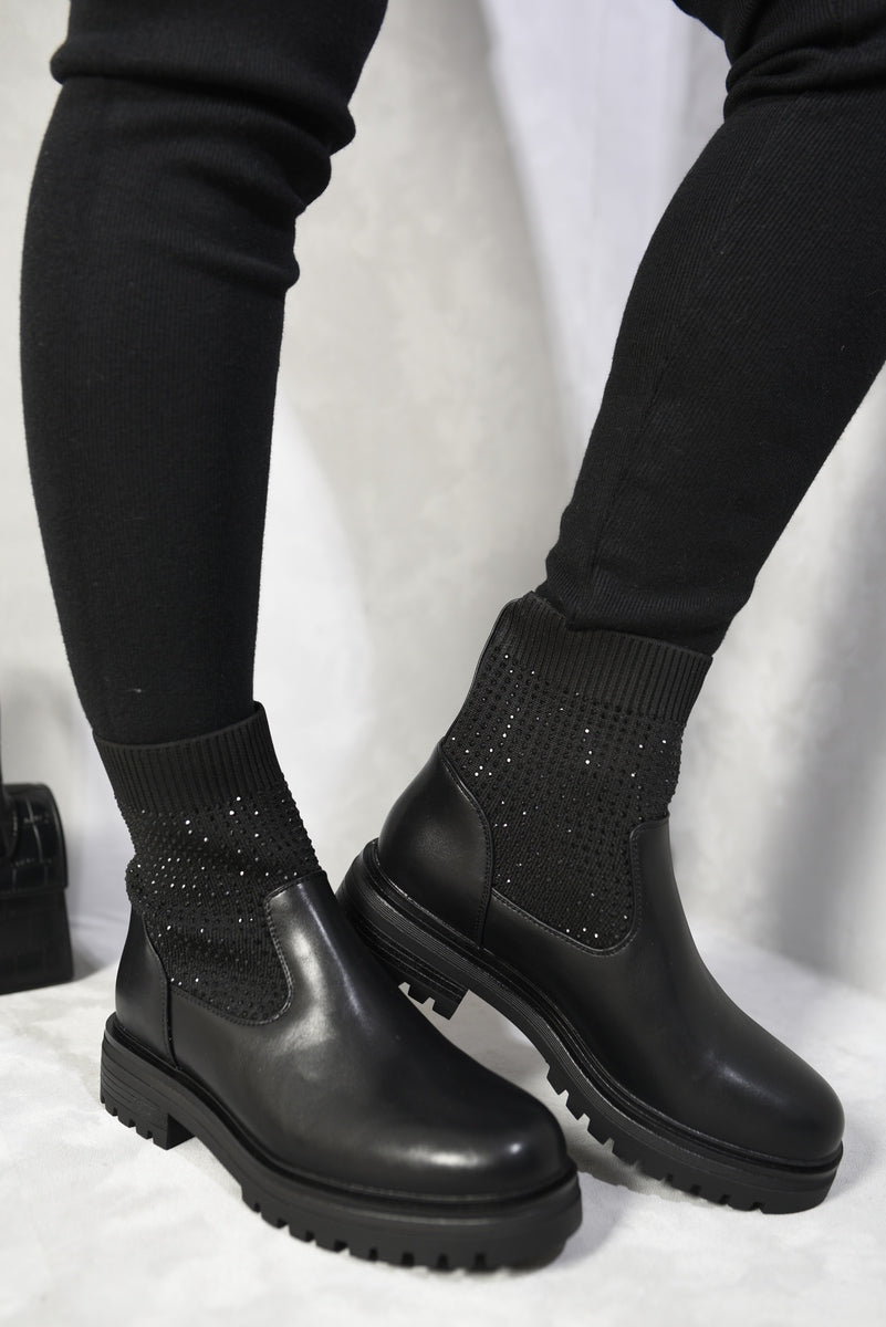 Rhinestone Faux Leather Stretch Ankle Boots